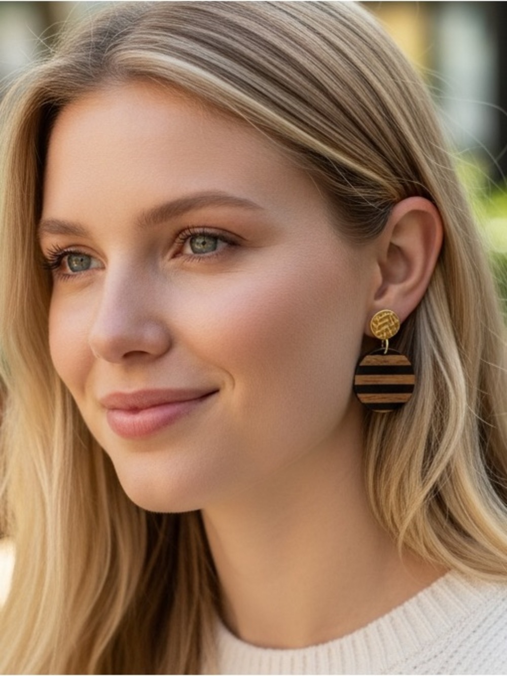 Striped Wooden Drop Earrings - Black & Brown Lightweight Leather Weave Post